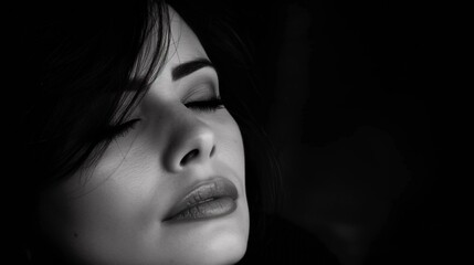 A woman with her eyes closed and a black background, AI
