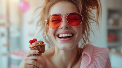 A woman in red sunglasses holding a cupcake with raspberries on it, AI