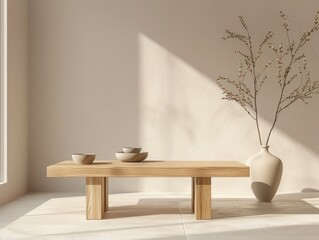Minimalist Japandi-style coffee table crafted from light wood with sleek - obrazy, fototapety, plakaty