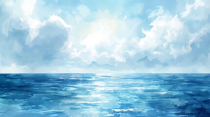 A painting of a blue ocean with white clouds in the sky, AI - obrazy, fototapety, plakaty