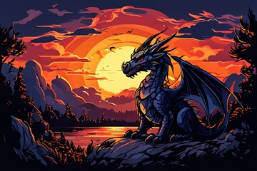 Hand drawn cartoon illustration of dragon under dusk and sunset Generative Ai