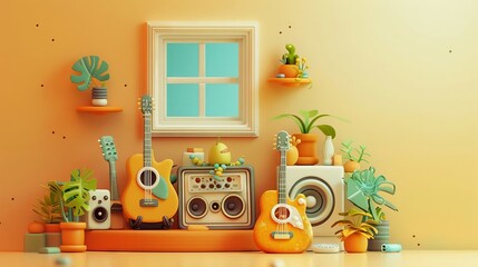 A clay-style depiction of a music corner including a clay guitar and speakers