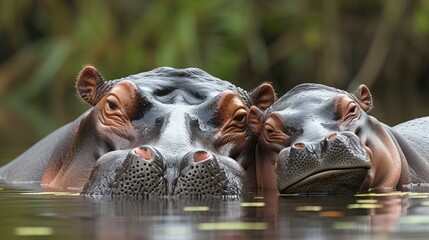 Two hippos are swimming in the water together with their heads touching, AI - obrazy, fototapety, plakaty