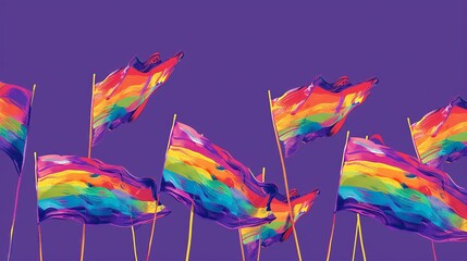 An illustration of a networking event tailored for LGBTQ professionals with rainbow flags