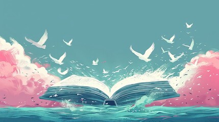 An illustration of an open book with pages turning into birds symbolizing freedom of expression - obrazy, fototapety, plakaty