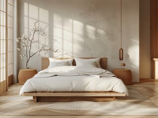 Japandi-inspired bedroom with a platform bed made from natural wood