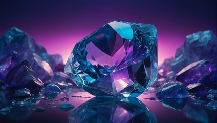 Surreal blue crystal emerges victoriously surrounded by a treasure of sparkling gem fragments - obrazy, fototapety, plakaty