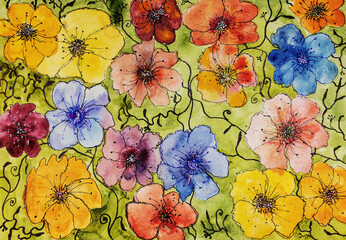 Watercolor wild flowers doodled with decorative elements. The dabbing technique near the edges gives a soft focus effect due to the altered surface roughness of the paper. - 777288537