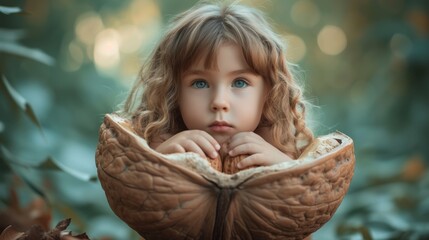 A young girl with blue eyes holding a nut in her hand, AI - obrazy, fototapety, plakaty