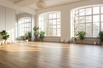 Fototapeta premium Minimalistic bright interior for serene yoga studio, modern home decor for relaxation and serenity.