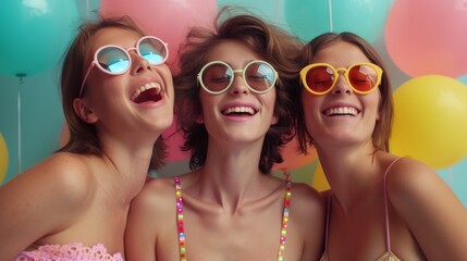 Three women wearing sunglasses and colorful balloons in the background, AI