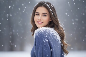Pretty young woman in sweater with long hair without a hat enjoying snowfall. Bokeh background. Generative AI