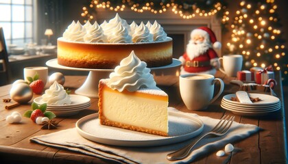 Generative AI image of a rich and creamy cheesecake slice topped with whipped cream, served on a festive table with a full cheesecake and cup in the background 