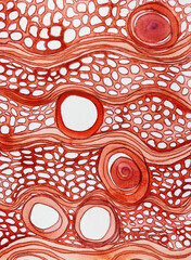 Red patterns and cicles flowing. The dabbing technique near the edges gives a soft focus effect due to the altered surface roughness of the paper. - 777289512