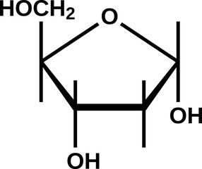 Alpha-deoxyribose cyclic structural formula, furanose form of deoxyribose, vector illustration