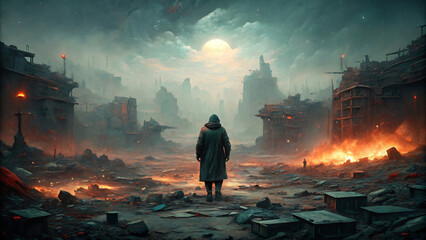 Man walking on post apocalyptic scene, dramatic, emptiness