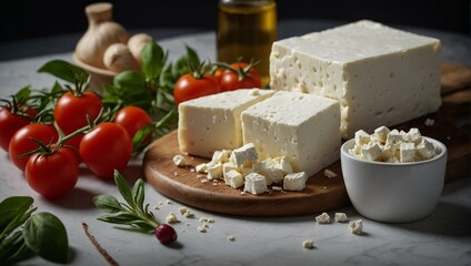 A wooden board with blocks of feta cheese surrounded by cherry tomatoes, basil, and olive oil