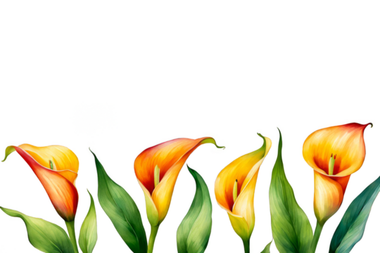 Calla lilies flowers banner overlay watercolor painting, hand drawn style clipart , floral decoration, frame border, text templated, copy space, isolated png, yellow flowers - Powered by Adobe