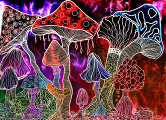 Psychedelic mushroom drawing with white pen. The dabbing technique near the edges gives a soft focus effect due to the altered surface roughness of the paper. - 777289968