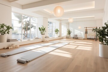 Minimalistic bright interior, modern yoga studio design for relaxation and serenity.