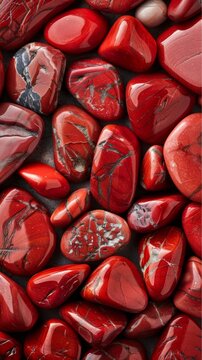 A mesmerizing kaleidoscope of vibrant, polished jasper stones in shades of deep red, their intricate patterns and textures forming a captivating, natural display.
