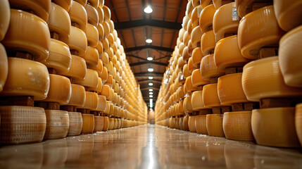 Obraz premium Warehouse of parmesan cheese, with empty copy space 