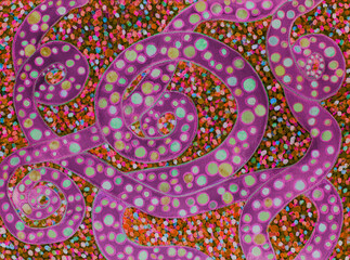 Abstraction of colorful polka dots. The dabbing technique near the edges gives a soft focus effect due to the altered surface roughness of the paper. - 777290359