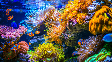 Fototapeta na wymiar Underwater marine life, colorful coral reef and tropical fish in a blue aquatic environment