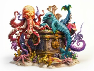 3D-rendered mythical sea creatures gathering around a sunken treasure chest, vibrant on white