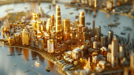 Gold and silver energy fields powering a sustainable future city, blending tech with eco-solutions