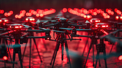 Fototapeta na wymiar hundreds of drones with red lights flying in the air