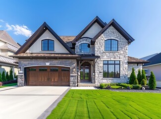 A photo of the front view of beautiful and luxury house in colorful, clean suburban neighborhood with blue sky