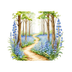 A whimsical forest scene with bluebells fox gloves, forgot me not flowers, watercolor painting, hand drawn style clipart, landscape, nature, floral design, isolated, fantasy  - obrazy, fototapety, plakaty