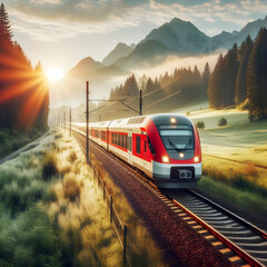 red and white commuter train driving through beautiful nature at sunrise. Generative ai 