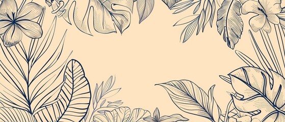 This is an abstract floral line art modern background with tropical leaves, branches, plants in a hand drawn pattern on beige. A botanical jungle illustration for banners, prints, decorations,