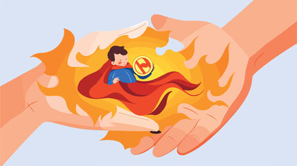 A child with superhero custom in top of people hand
