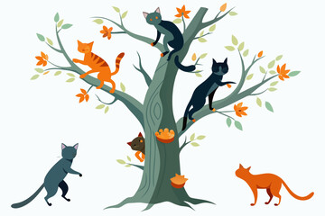 cats climb up a tree trunk,  white background