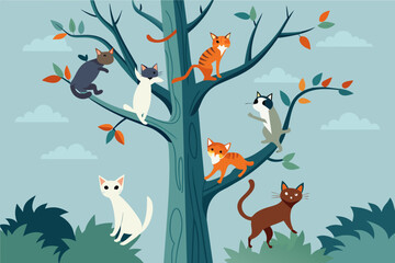 cats climb up a tree trunk,  white background