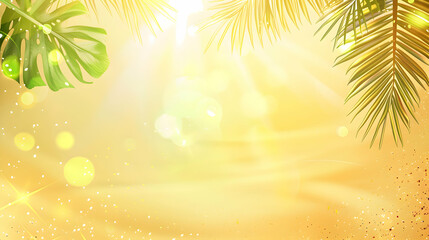 Fototapeta na wymiar Summer background with frame, nature of tropical golden beach with rays of sun light and leaf palm