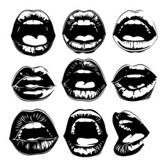 Collection of different types of mouth with teeth. Set of vector icon lips.