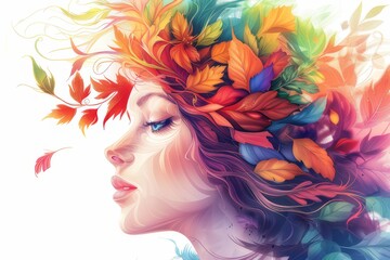 Side view of beautiful young woman with long hair created from leaves and flowers Fantasy illustrations using bright colors - obrazy, fototapety, plakaty