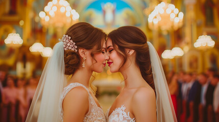 A tender and heartfelt moment between two brides at their wedding, their foreheads touching and smiles close, symbolizing love and equality, set against the warm glow of a celebratory background. - obrazy, fototapety, plakaty