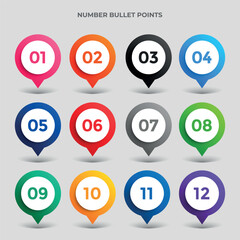 Pin map icon direction colorful number bullet points from 1 to 12. Simple vector