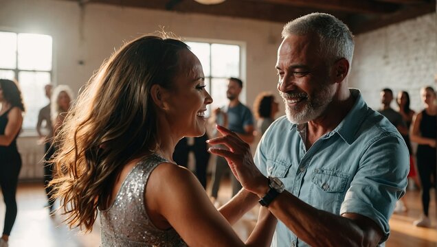 Happy couple, man and woman, dancing a passionate Bachata dance in the studio.