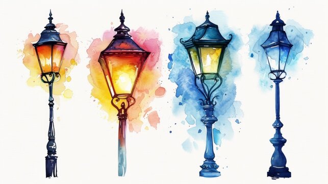 A set of three street lamps painted in watercolor style, AI