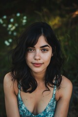 candid photo of a black haired, brown eyed woman 