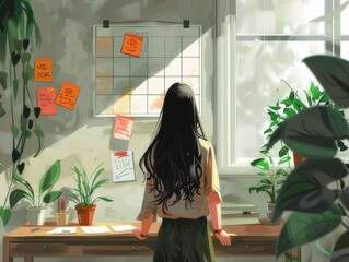 Image illustration of a long-haired woman standing at a table This scene reflects the simple harmony between nature and technology. Creates a feeling of calm in the midst of work