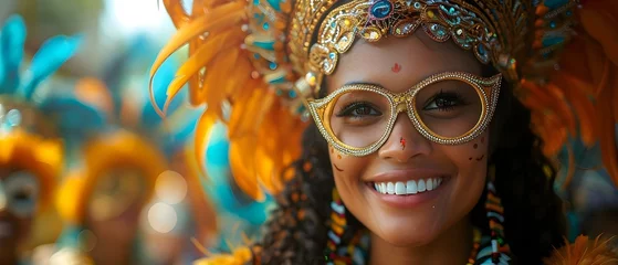 Zelfklevend Fotobehang Revelers in masks and costumes celebrating at Rio Carnival. Concept Brazilian Carnival, Festive Costumes, Rio de Janeiro, Cultural Celebration, Colorful Masks © Anastasiia
