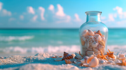 A serene image of a glass jar brimming with various seashells on a sandy beach. - Powered by Adobe