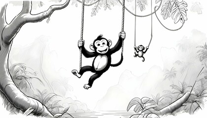 A-Playful-Cartoon-Sketch-Of-A-Monkey-Swinging-From-